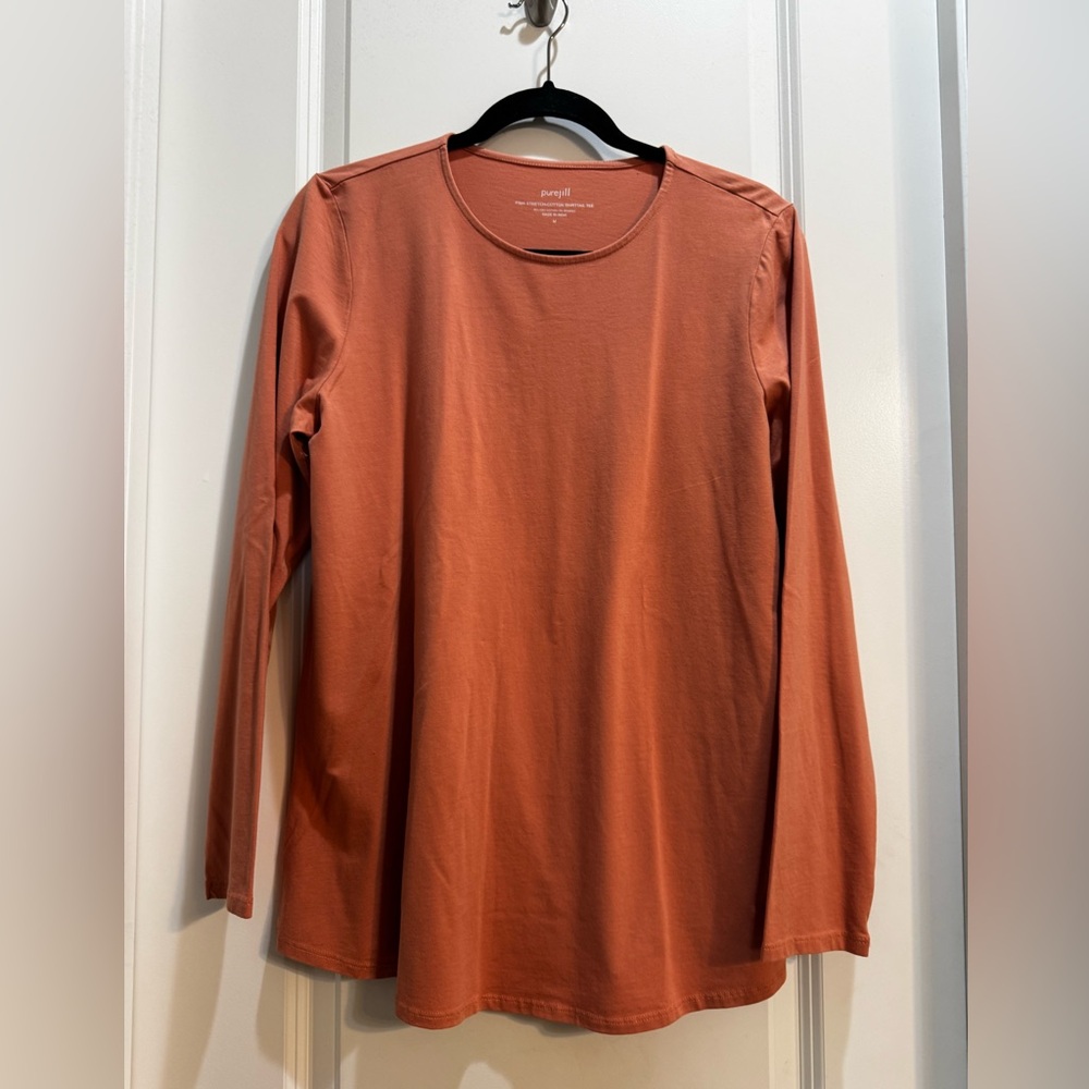J. Jill Soft Coral Pima Cotton Shirttail Tee Med Round Neck Long Sleeve